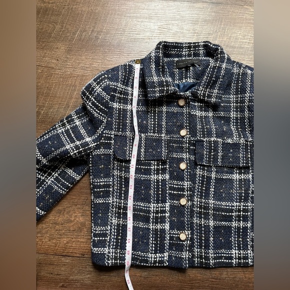 ENGLISH FACTORY blue white tweed plaid cropped blazer jacket NWOT sz L coquette - Picture 13 of 15